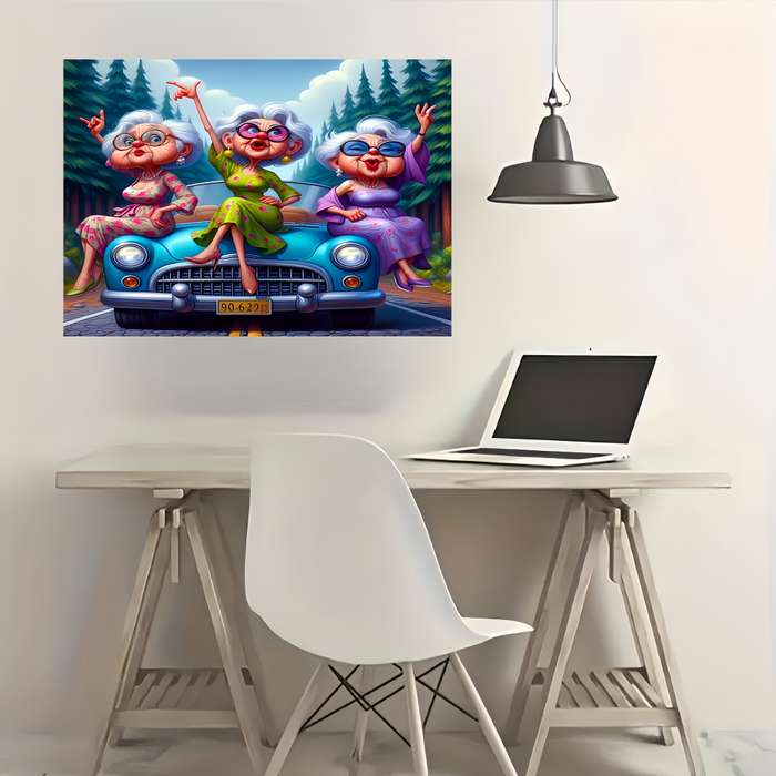 1000pcs Funky Grandmas in Vintage Car Adult Puzzle Vibrant DIY Wall Art 19.7in x 2