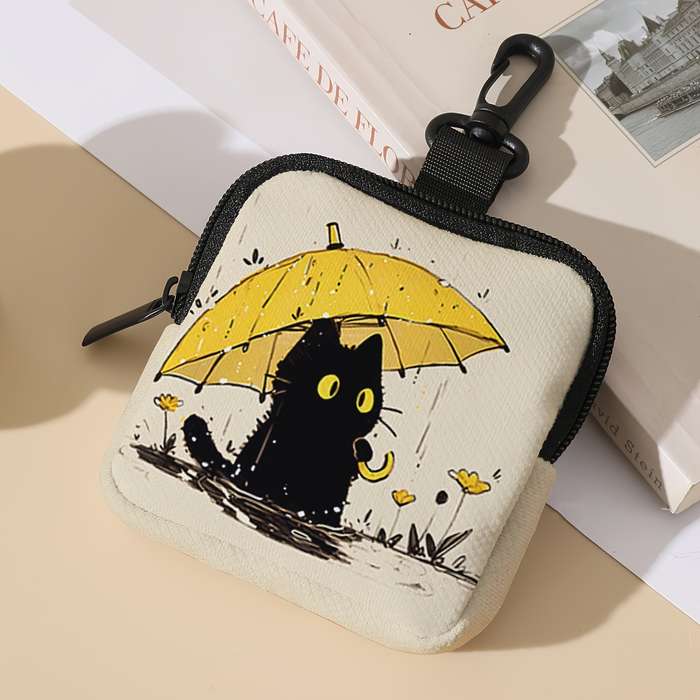 1pc Contemporary Black Cat with Umbrella Polyester Coin Purse Large Capacity Zippered Multi-Functi
