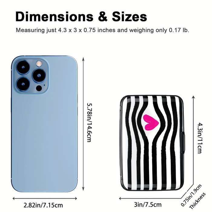 1pc RONG REN HUI Mini RFID Blocking Wallet Black and White Striped Heart Design Compact Metal Ca