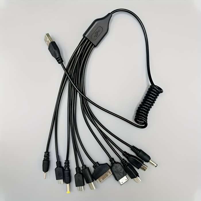 1pc 10in1 Multi-Device USB Charging Cable Hub Black PVC Flat Design with 10 Connectors for Si