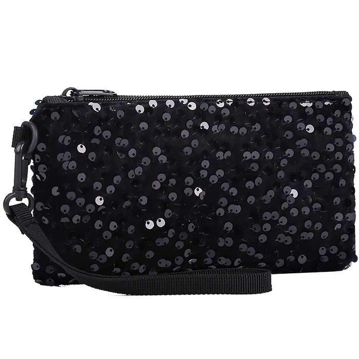 1pc Women's Black Sequin Clutch WalletLong Zippered Phone Bag with Adjustable Strap Stylish Wri