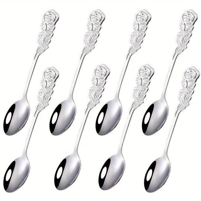 8pcs Set Rose Handle Design Stainless Steel Coffee Spoons 12.7 cm Perfect for Cappuccino Ch