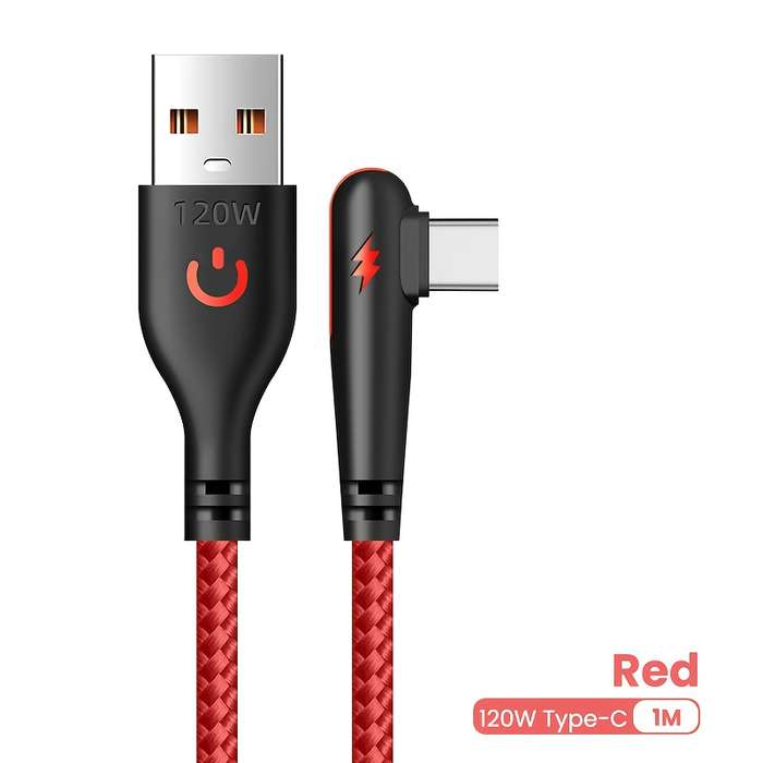 1pc 100cm 120W Max Super Fast Charging Cable 90-Degree Elbow USB to Type-C 120W 6A Max Super Fa