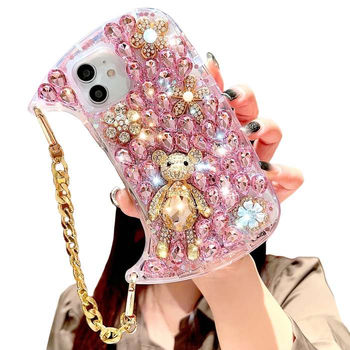 1Pc Pink Red For iPhone 15 Luxury Wrist Chain Bag Phone Case