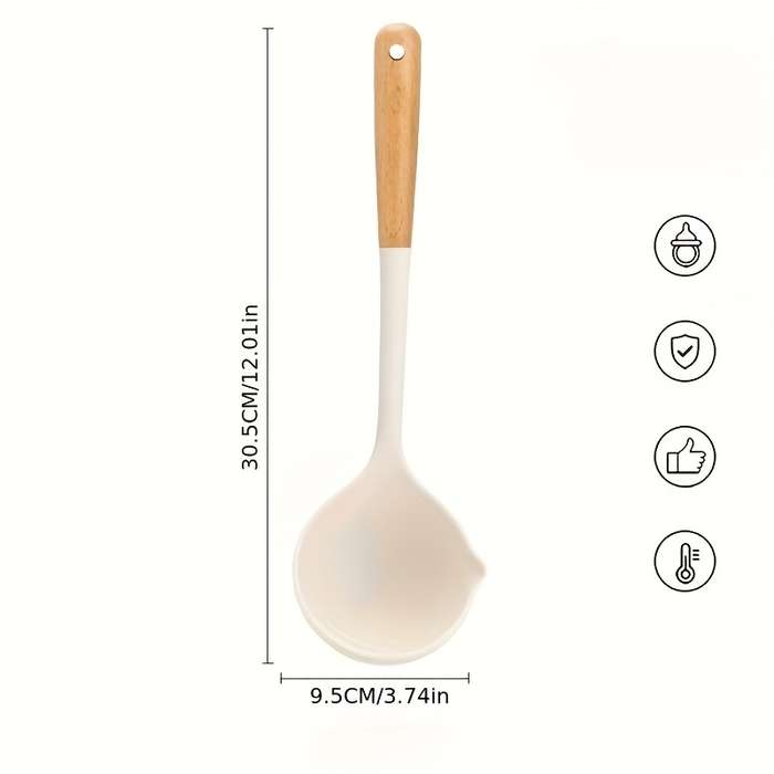 1pc Silicone Soup Spoon with Wooden Handle Large High-Temperature Resistant Ideal for Servi