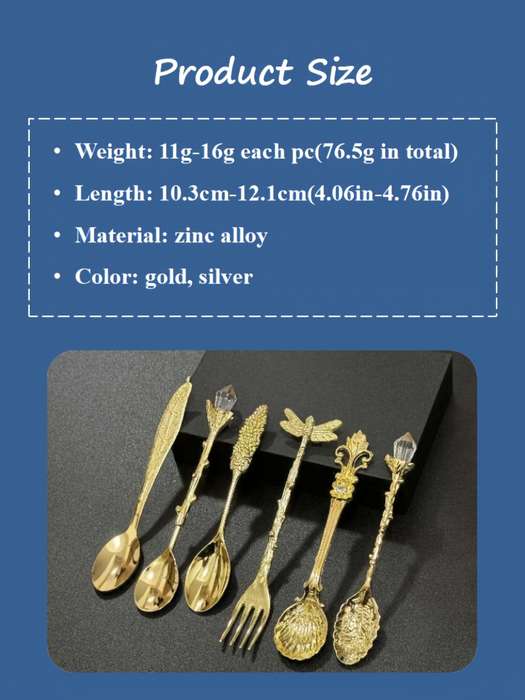 6pcs Small Spoon Fork Set Vintage Golden Teaspoon Fruit Fork Cup Stirring Coffee Spoon