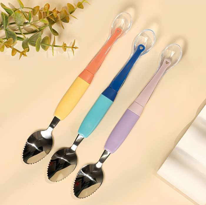 1pc 2in1 Youngsters Feeding Spoon Silicone Stainless Steel Perfect for Youngsters Youngs