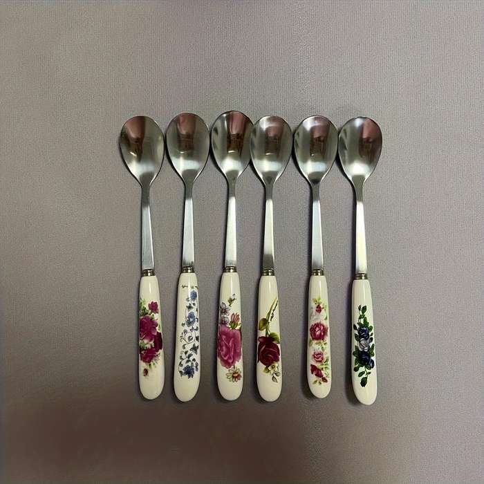 6pcs Set of Elegant Tableware Stainless Steel Coffee Spoon Dessert Spoon Ceramic Handle Sui