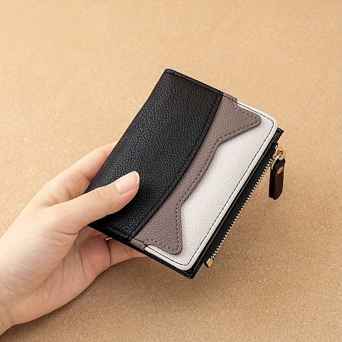 1pc Litchi Texture Wallet Women's Short Bifold Purse Creative Zipper Multicolor Patchwork Coin