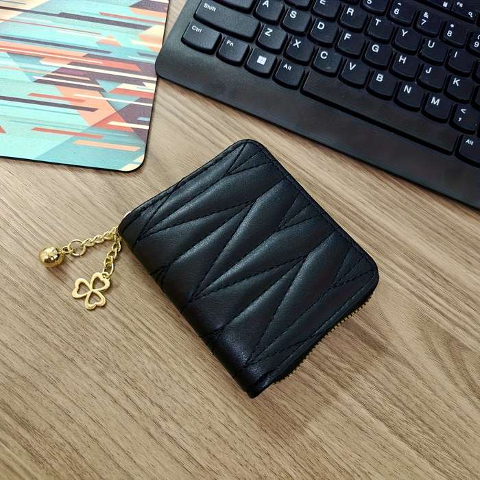1pc Elegant Black Faux Leather Zipper Wallet with Golden Chain StrapSlim Design Perfect for Car