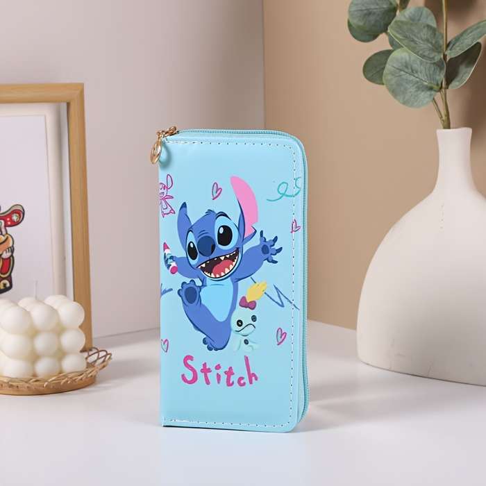 1pc Stitch Cartoon Printed Wallet with Double Zipper Credit Card Holder and Coin PurseSlim Des