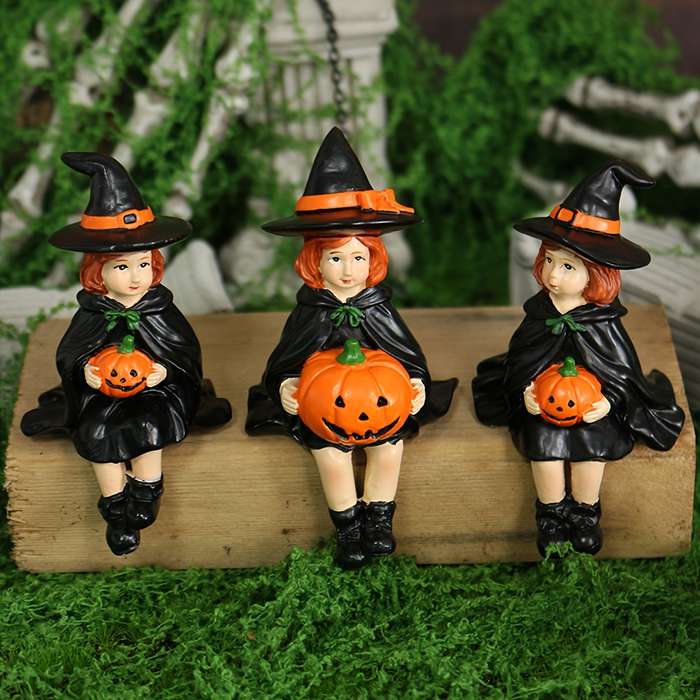 Halloween Decorations Color Witch Sitting On Pumpkin Set Of Three