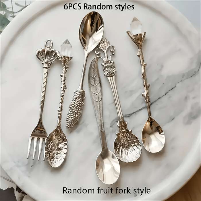 6pcs set of retro royal style dessert tableware stainless steel with Golden carvings small sp