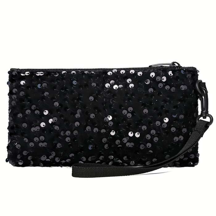 1pc Women's Black Sequin Clutch WalletLong Zippered Phone Bag with Adjustable Strap Stylish Wri