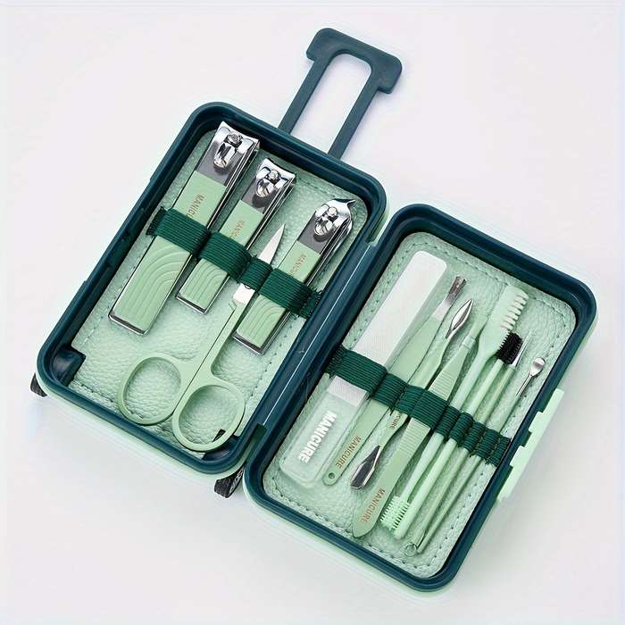 12pcs Set Modern Manicure Travel Kit Portable Trolley Case Nail Set Nail Clippers And Groomin