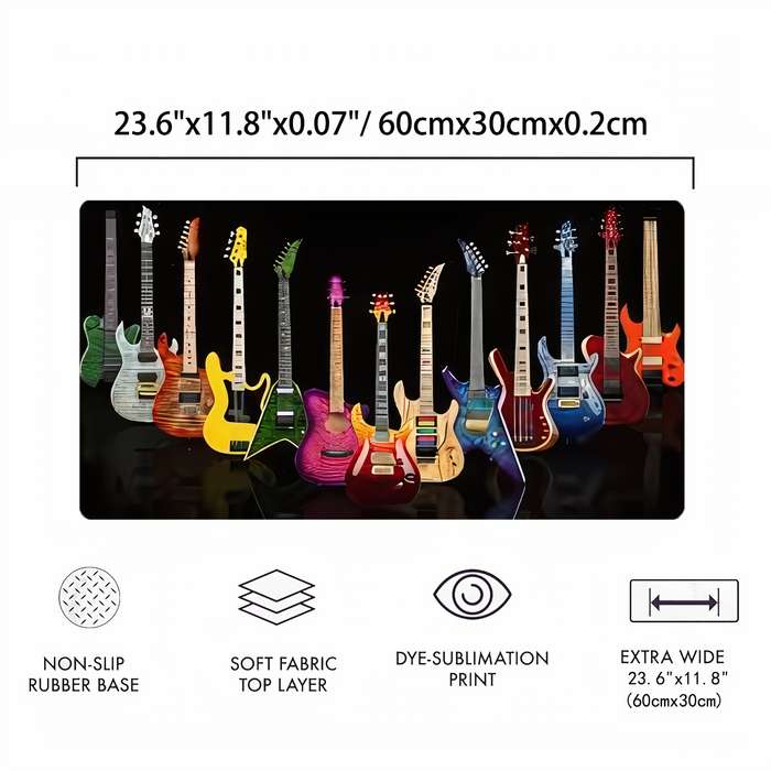 1pc Large Electric Guitar-Themed Mouse Pad Waterproof Non-Slip Rubber Base with Stitched Edges f