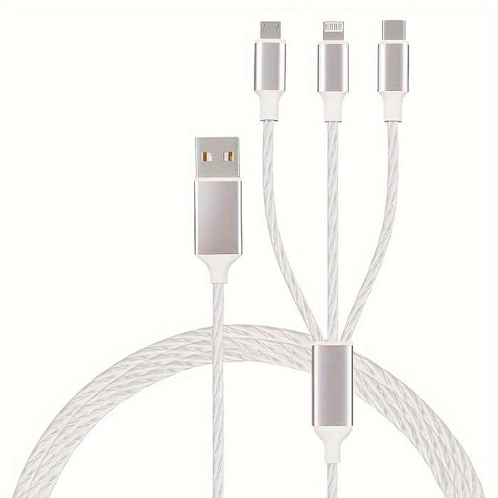 1pc 120cm 3in1 USB Cable 12W Charger Compatible with iPhone Type C Android Micro USB Round