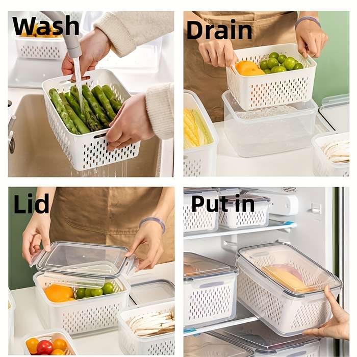 3pcs BPA-Free Plastic Food Storage Container Set with Drain Basket and Lids Leak-Proof Refri