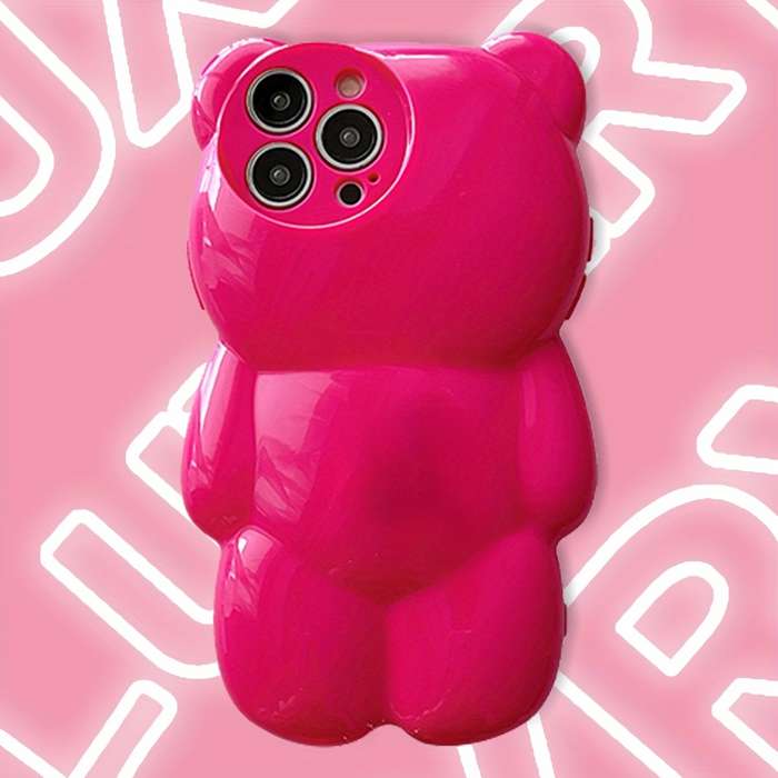 1Pc Rose Red For iPhone 13 Pro 3D Hot Pink Bear Phone Case