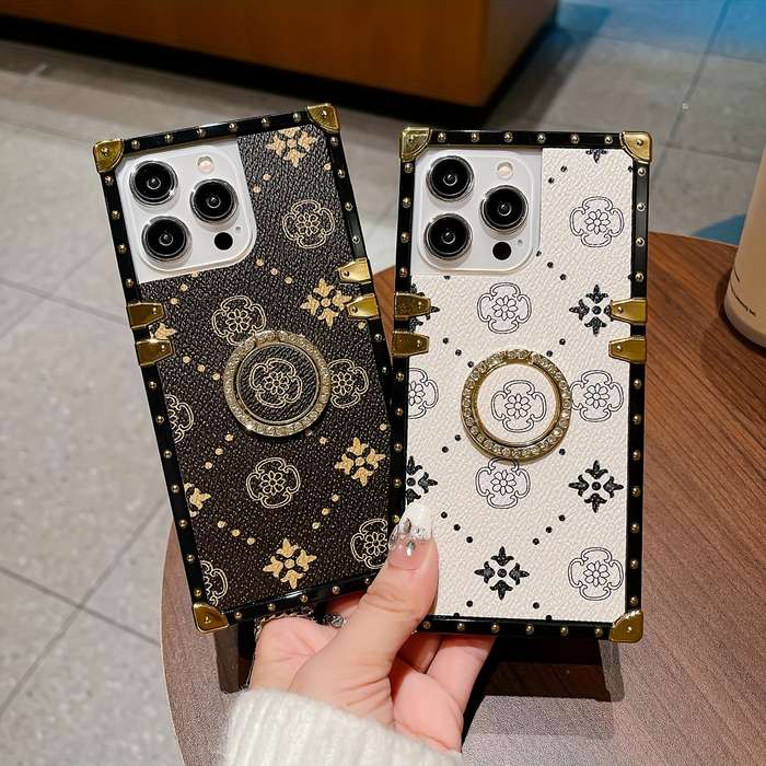 1Pc Dark Brown For iPhone 16 Pro Flower Belt Ring Holder Phone Case