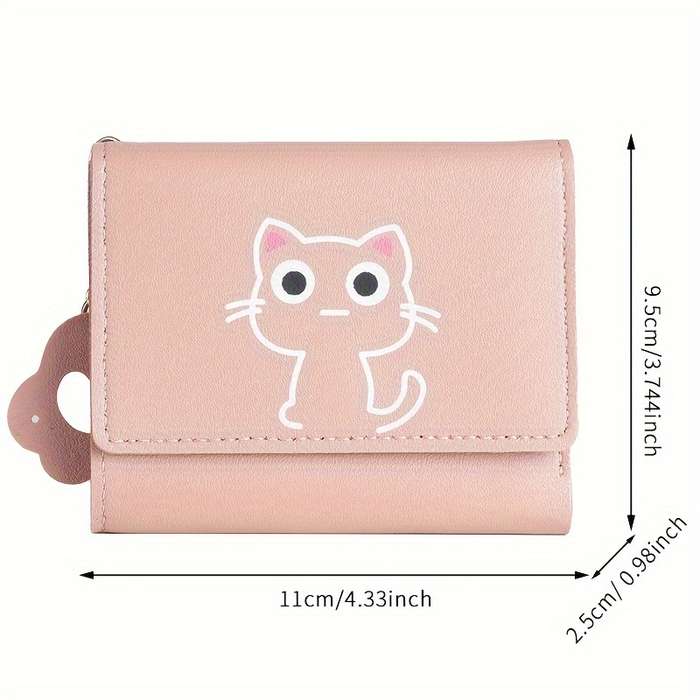 1pc Vintage Style Cartoon Cat Pattern PU Wallet Mini Tri-fold Card Holder with Cat Paw Charm