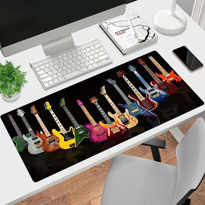 1pc Large Electric Guitar-Themed Mouse Pad Waterproof Non-Slip Rubber Base with Stitched Edges f