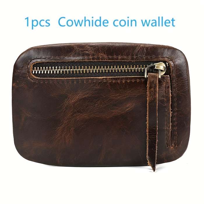 1pc Genuine Leather Cowhide Coin Wallet for Men Women Vintage Brown Leather Zipper Pouch wi