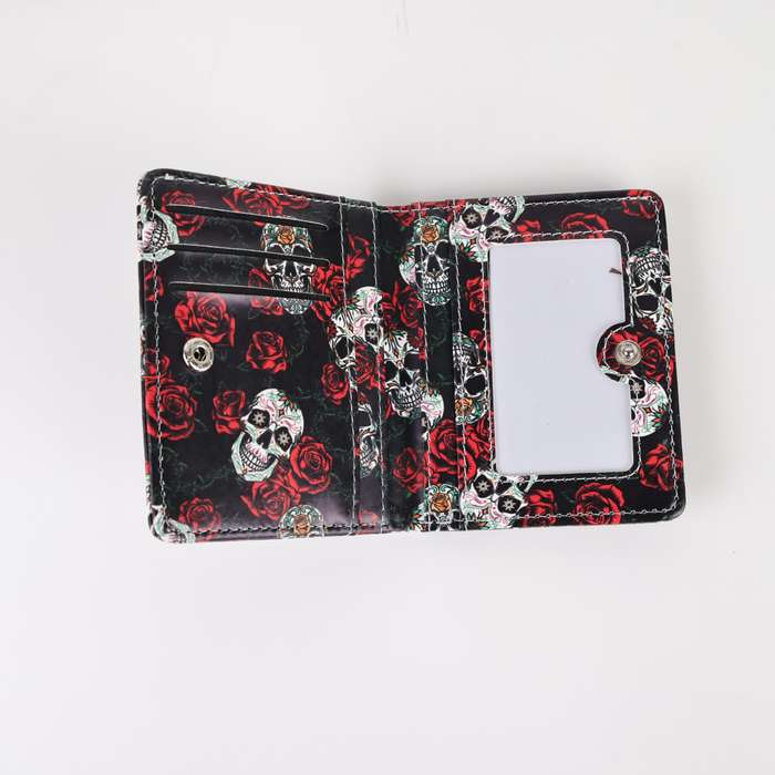 1pc Stylish Retro Skull Rose Compact Wallet for WomenVibrant Pink White Red Durable PU with P