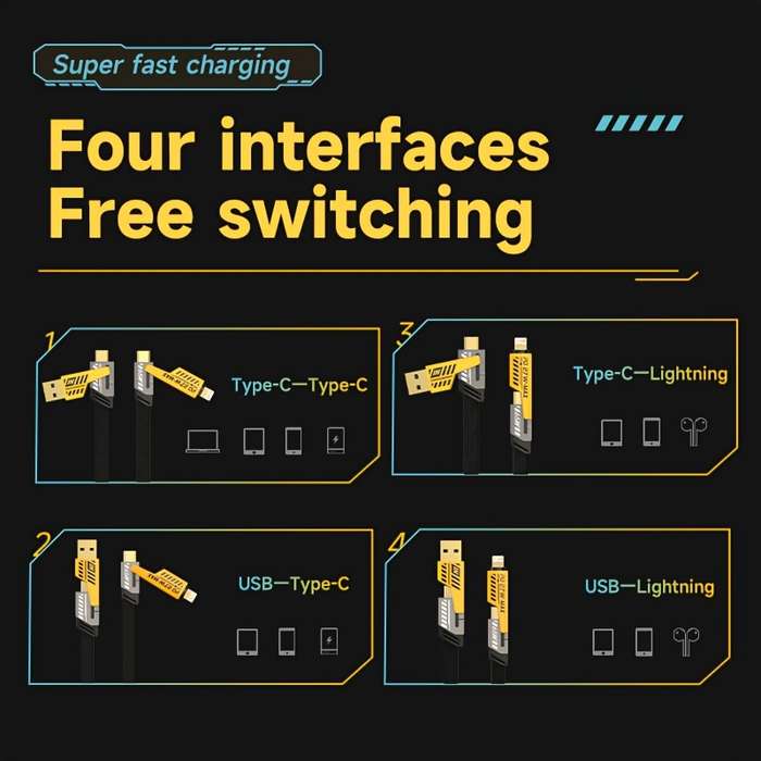 1pc Fast Charging 4-in-1 Cable Dual Type-C USB Lighting Connectors 47.24in 120cm Fabric F