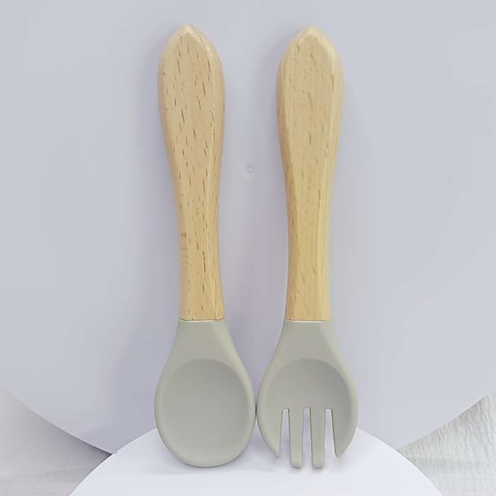 2pcs Customer Favorite 100% Food Grade Silicone Spoon and Fork with Wooden Handle BPA Free Su