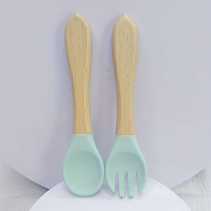 2pcs Customer Favorite 100% Food Grade Silicone Spoon and Fork with Wooden Handle BPA Free Su