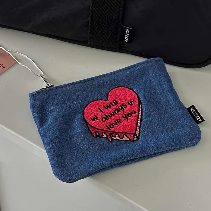 1pc Denim Coin Purse with Heart Design "I Will Always Love You" Embroidery Zippered Denim Wallet