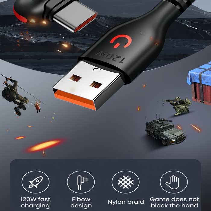 1pc 100cm 120W Max Super Fast Charging Cable 90-Degree Elbow USB to Type-C 120W 6A Max Super Fa