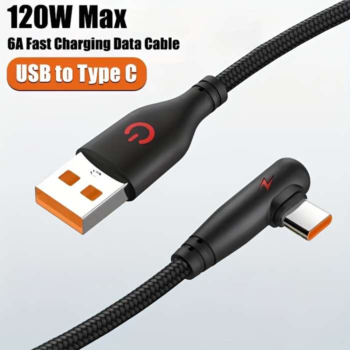 1pc 100cm 120W Max Super Fast Charging Cable 90-Degree Elbow USB to Type-C 120W 6A Max Super Fa