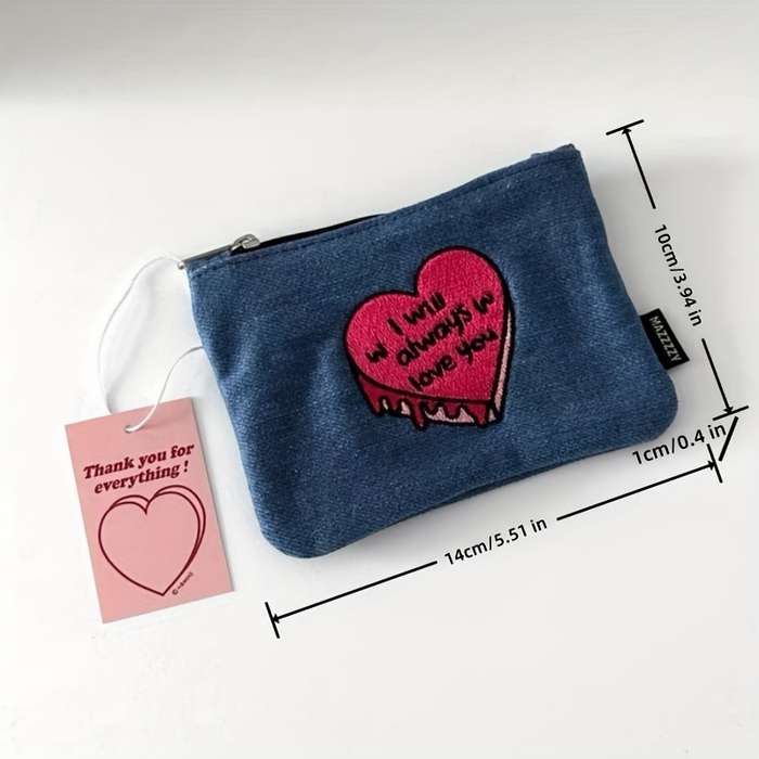 1pc Denim Coin Purse with Heart Design "I Will Always Love You" Embroidery Zippered Denim Wallet