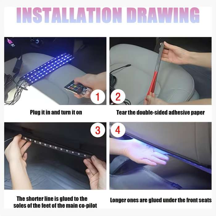 1pc  App Controlled RGB Car Ambient Lighting Kit 48LED USB-Powered Music Sync Footpa