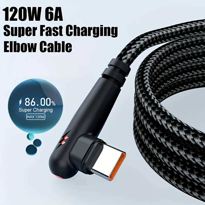1pc 100cm 120W Max Super Fast Charging Cable 90-Degree Elbow USB to Type-C 120W 6A Max Super Fa