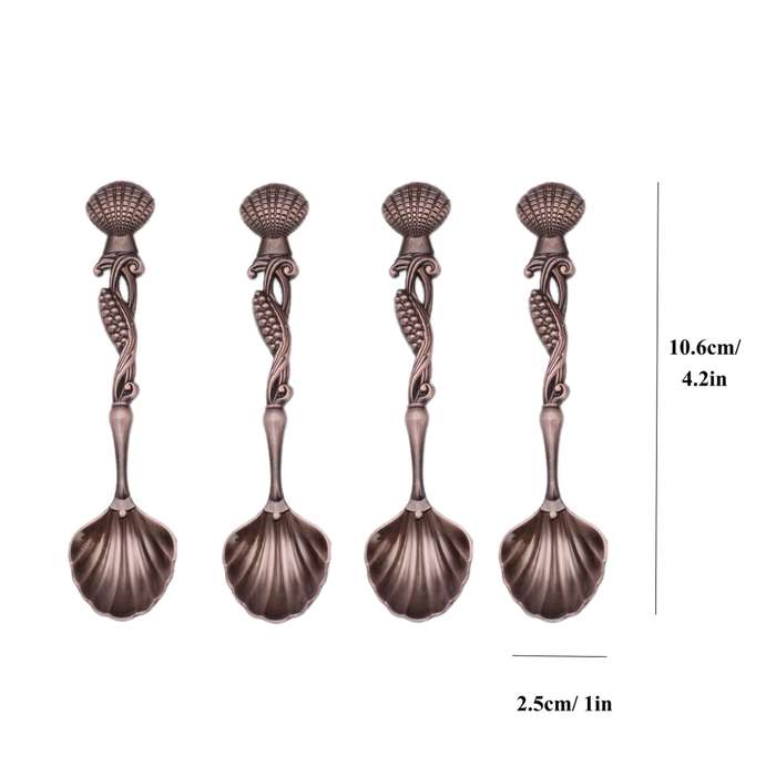 4pcs Vintage Seashell Dessert Spoons Elegant Antique Bronze Metal Coffee Ice Cream Tea Sti