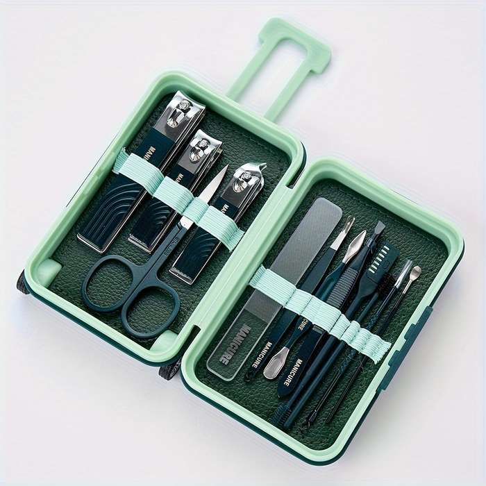 12pcs Set Modern Manicure Travel Kit Portable Trolley Case Nail Set Nail Clippers And Groomin