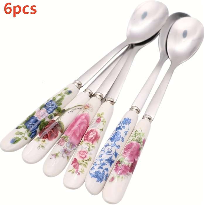 6pcs Set of Elegant Tableware Stainless Steel Coffee Spoon Dessert Spoon Ceramic Handle Sui