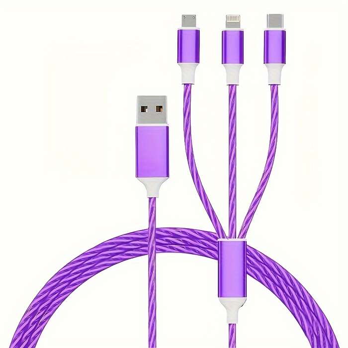 1pc 120cm 3in1 USB Cable 12W Charger Compatible with iPhone Type C Android Micro USB Round