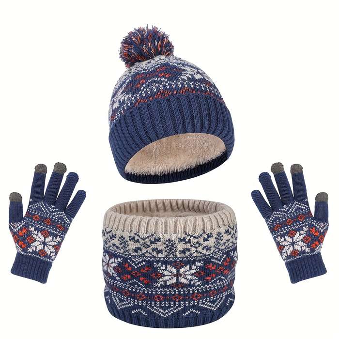 Winter Hat Color Blue And Red Three Piece Set