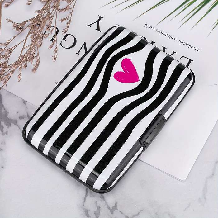 1pc RONG REN HUI Mini RFID Blocking Wallet Black and White Striped Heart Design Compact Metal Ca