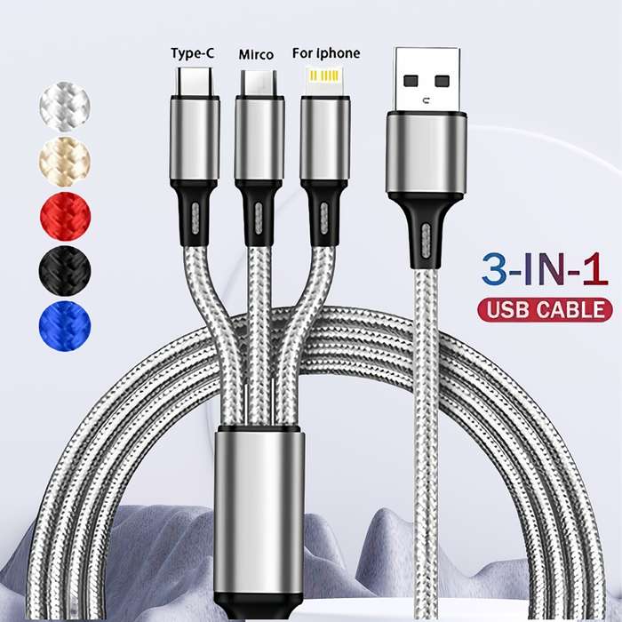 1pc 3-In-1 Charging Cable Portable And Compatible with Ios Type C And Micro USB Ports.