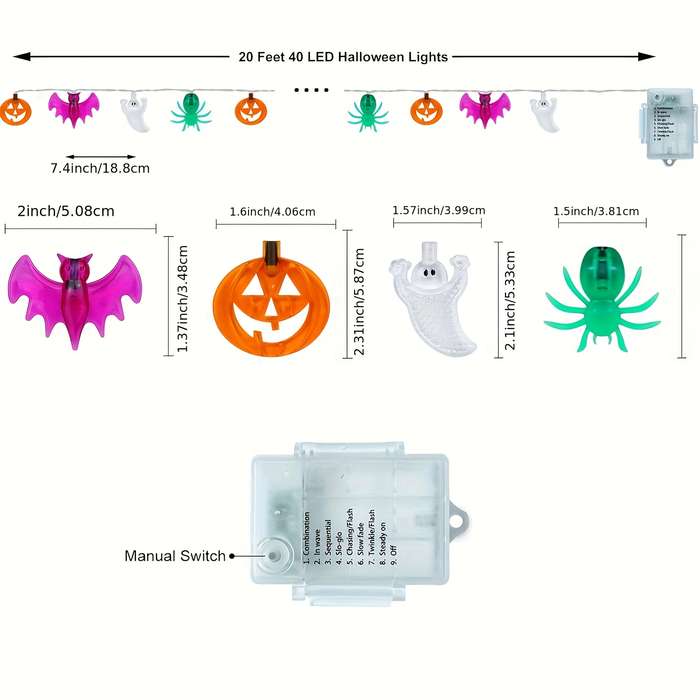 Halloween Decorations Model Pumpkin Bat Ghost Spider 40 Light Battery Box