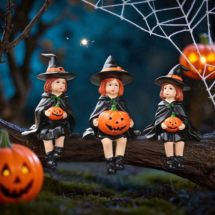 Halloween Decorations Color Witch Sitting On Pumpkin Set Of Three