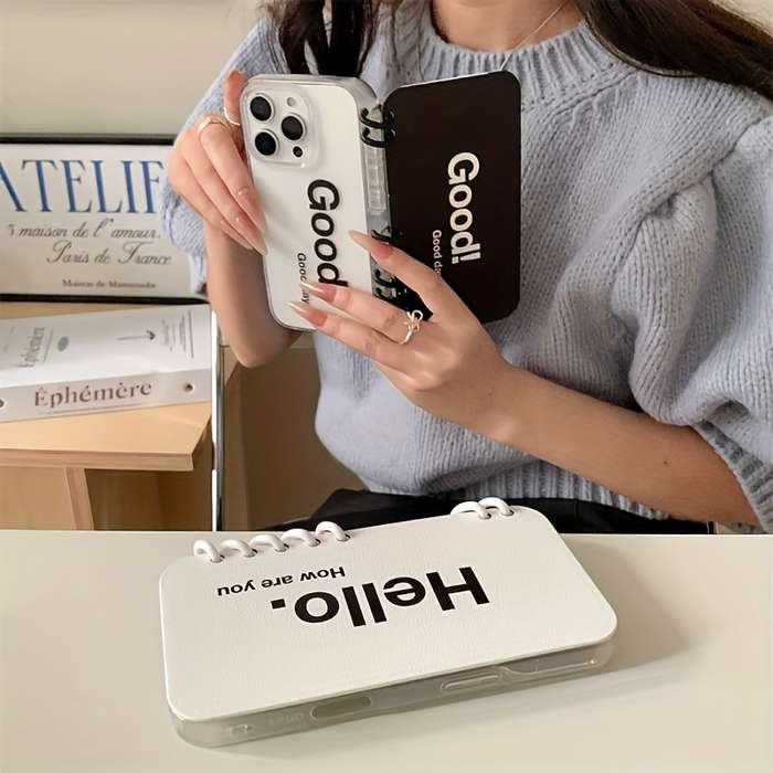 1Pc Black For iPhone 12 English Flip Notebook Style Phone Case
