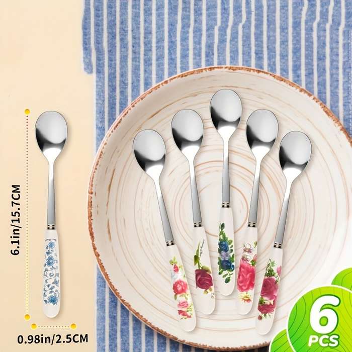6pcs Set of Elegant Tableware Stainless Steel Coffee Spoon Dessert Spoon Ceramic Handle Sui