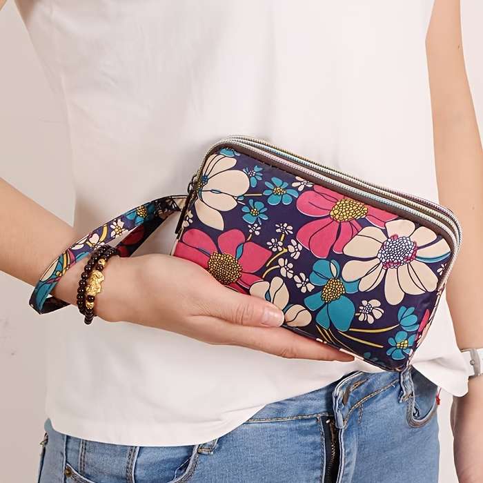 1pc Elegant Floral Printed Polyester Wristlet Wallet Large Capacity Zippered Clutch Bag Lightweig