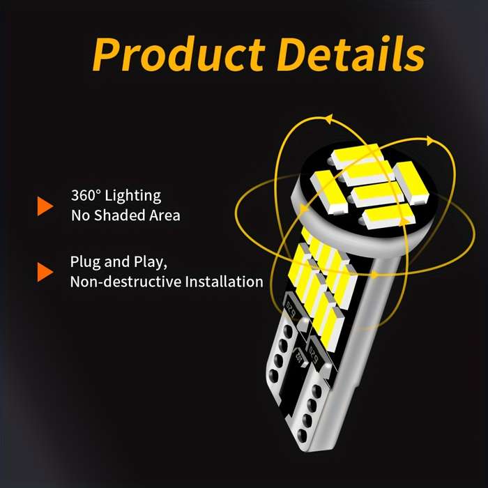 2pcs Amber LED Car Signal Light Bulbs T10 W5W with High Brightness 4014 Lamp Beads 2